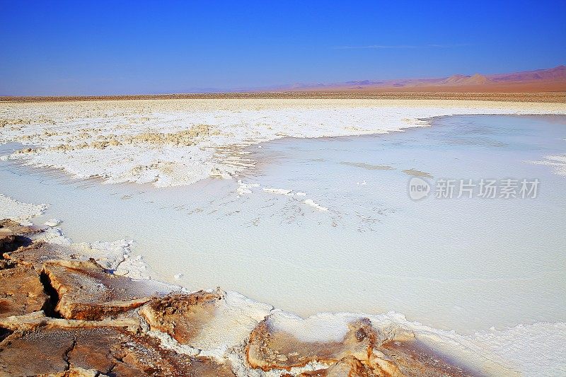 Lagunas escondidas Baltinache - Baltinache和Atacama salar flats - Turquoise salt lakes mirrored reflection and田诗化的阿塔卡马沙漠，火山景观全景- San Pedro de Atacama，智利，Bolívia和阿根廷边境